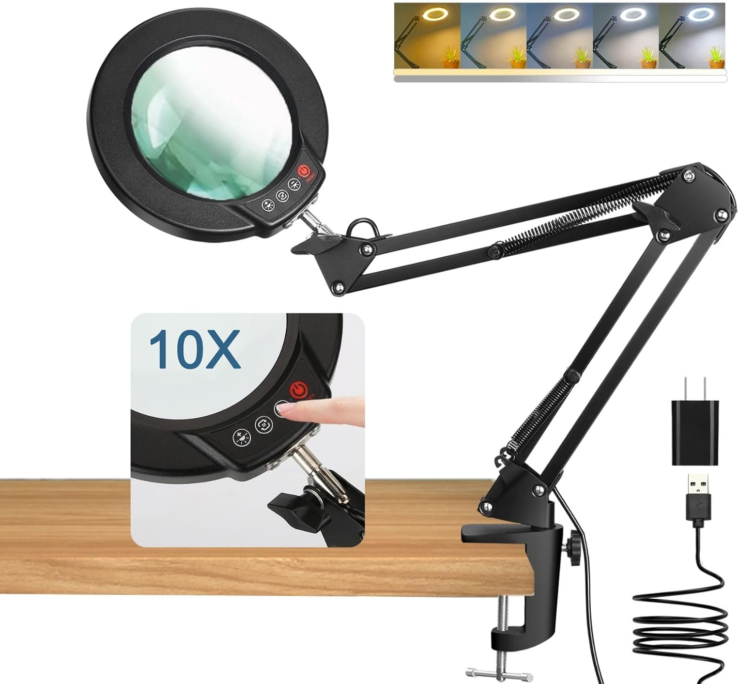 10X Magnifying Glass with Light and Clamp, Real Glass Stand Lighted Magnifier, 5...