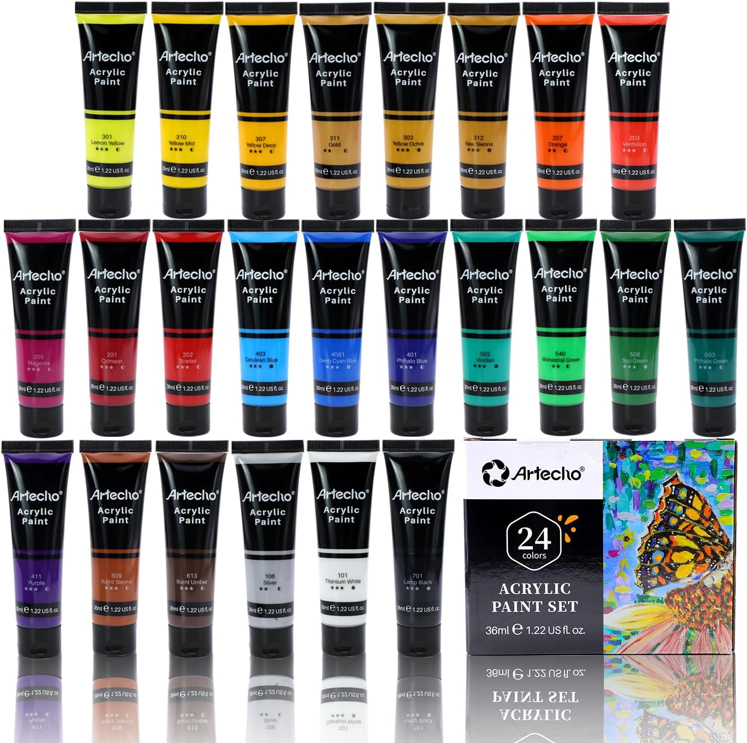 Artecho Acrylic Paint Set for Art, 24 Colors 36ml Basic Acrylic Paint Supplies f...