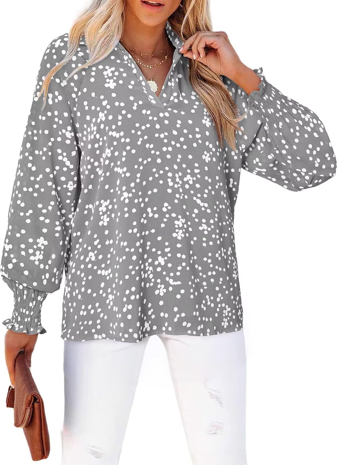 Astylish Women's Trendy Polka Dot Alicia Floral Blouses Long Sleeve Shirts Chiff...