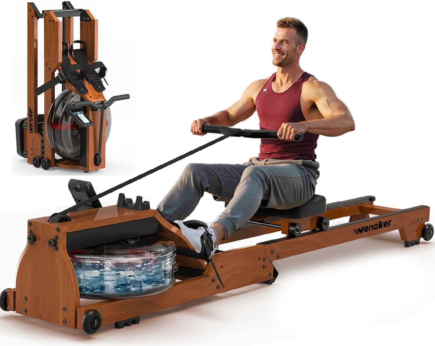 Water Rowing Machine for Home Use, Wooden Foldable Rower Machine with Adjustable...