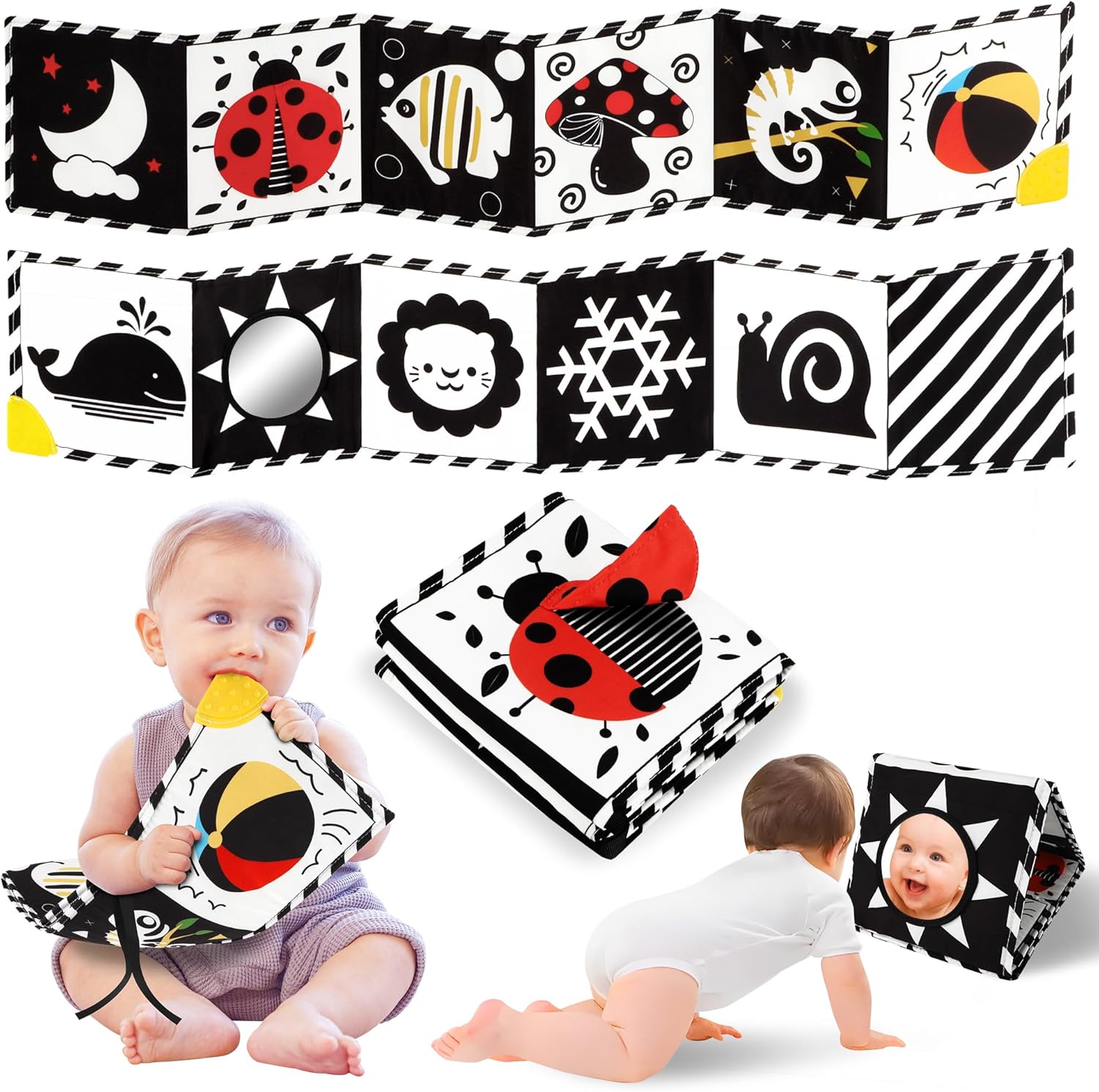 High Contrast Baby Book with Teether, Black and White Baby Book, 0-6-12 Months S...
