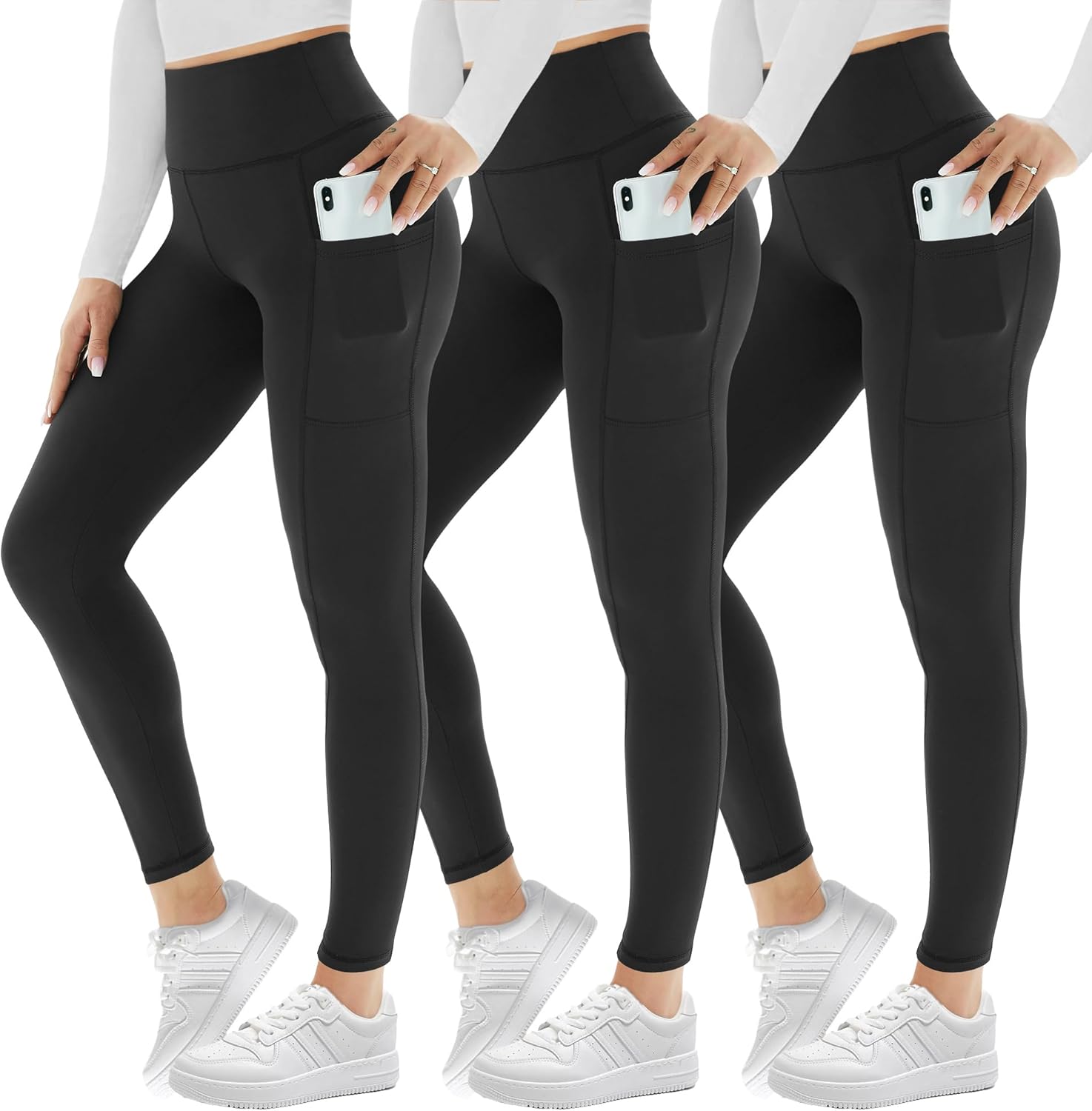 AMIYOYO 3 Pack Leggings for Women with Pockets High Waist Gym Leggings Black Tum...