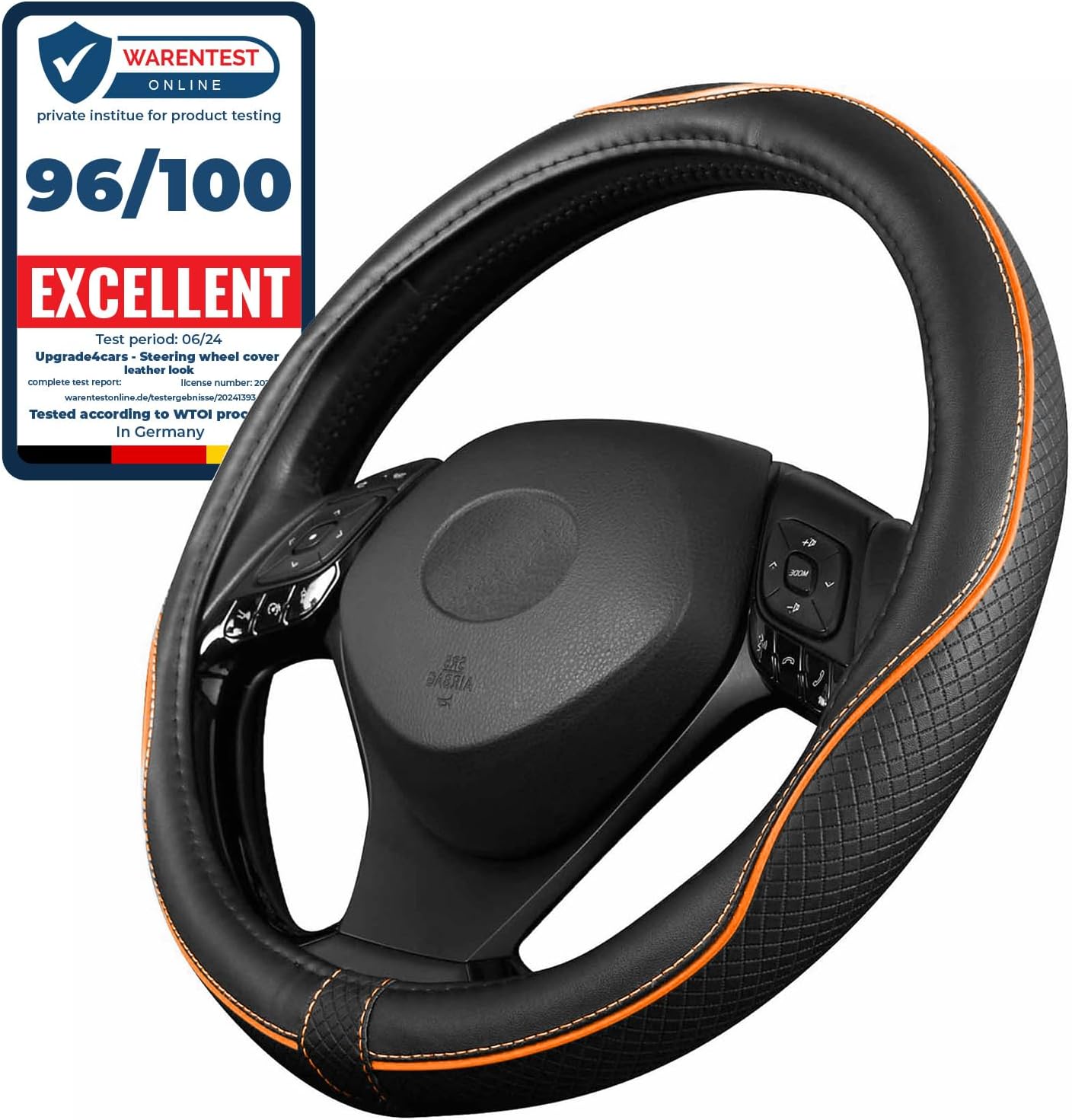 Upgrade4cars Steering Wheel Cover Orange Black Leather Look | Universal Fit 14,5...