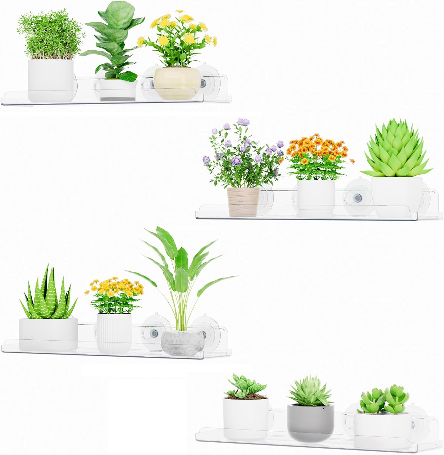 Lifewit Window Plant Floating Shelves 15 inch, 4 Pack Acrylic Suction Cup Shelf,...