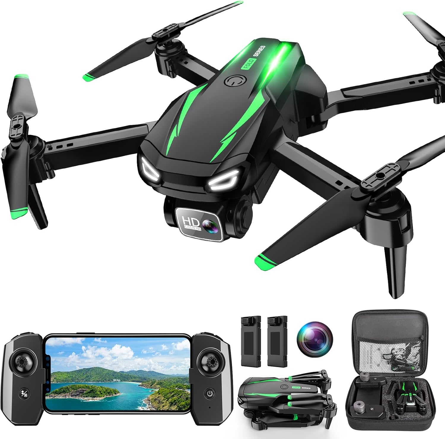 Drone with Camera, 1080P HD FPV Foldable Drone for Kids Adults Beginners, Brushl...