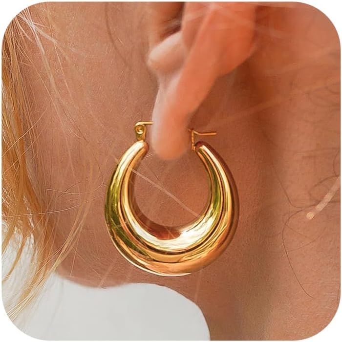 Chunky Gold Hoop Earrings for Women, 14k Gold Plated Thick Triple Hoop Earrings...