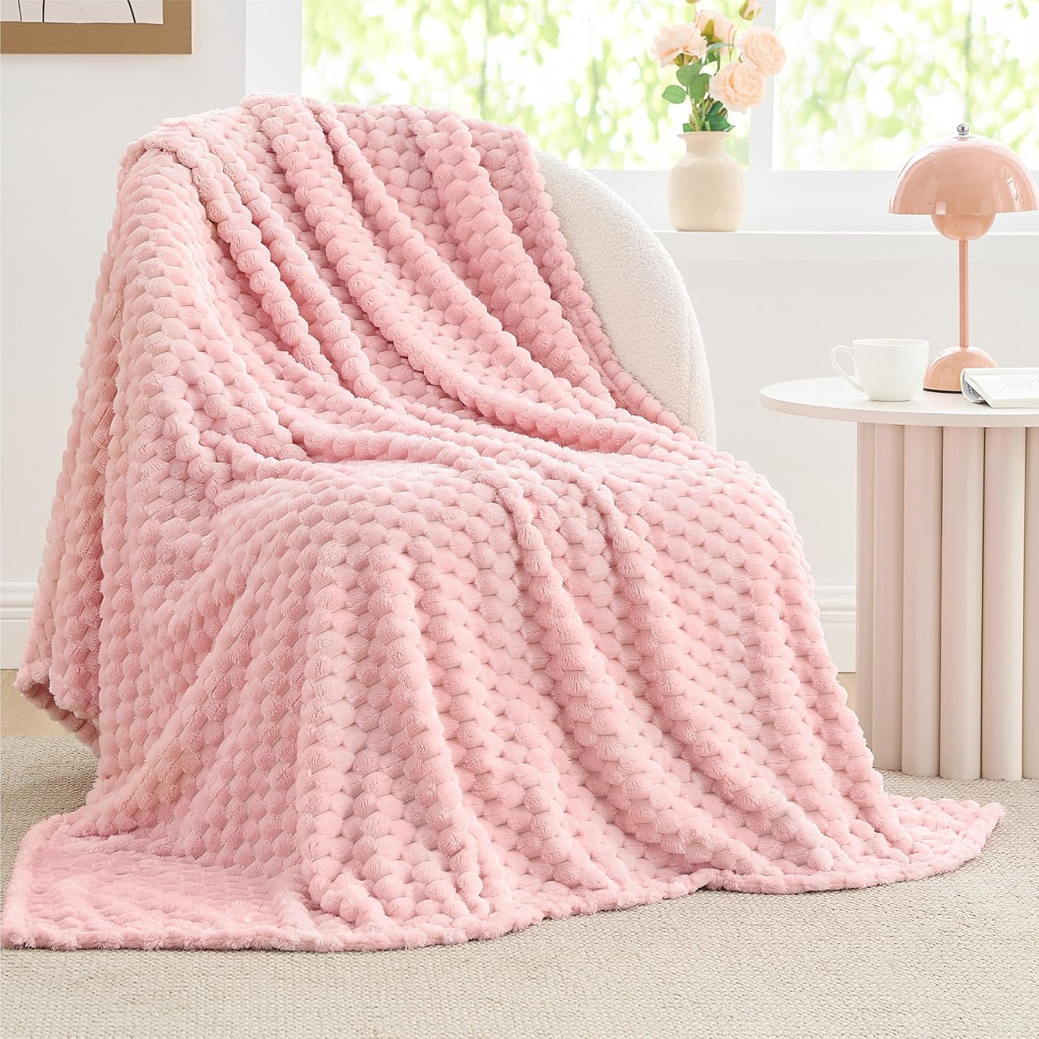BEDELITE Fleece Blanket - 3D Jacquard Decorative Pink Throw Blankets for Women's...