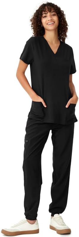 Women's V-Neck Scrubs Top & Cargo Pants Set, 10 Pockets, Yoga Waistband, 4 Way S...