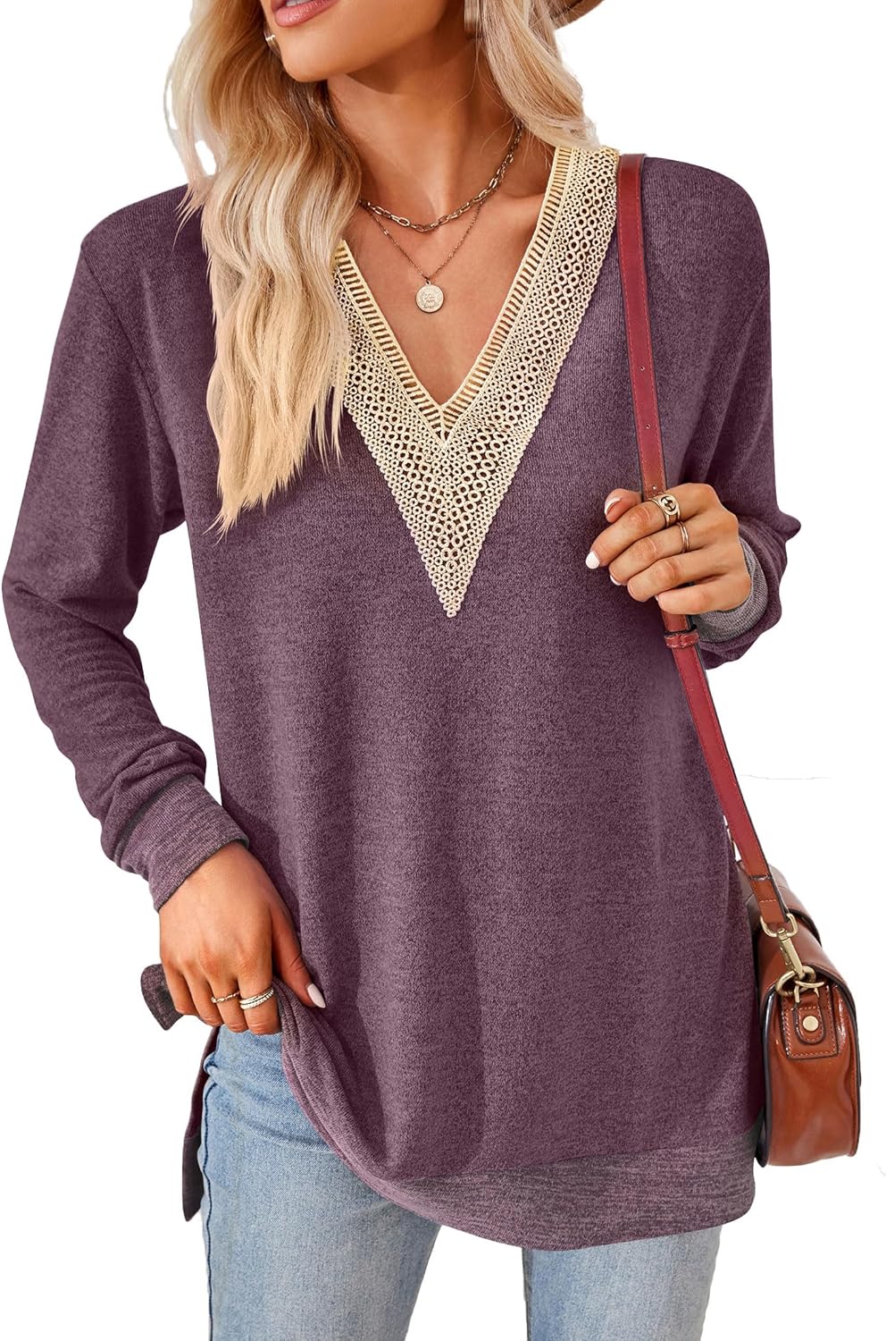iChunhua Women's Jumpers, Unique V Neck Lace Trim Soft Tunic Tops, Stylish Light...