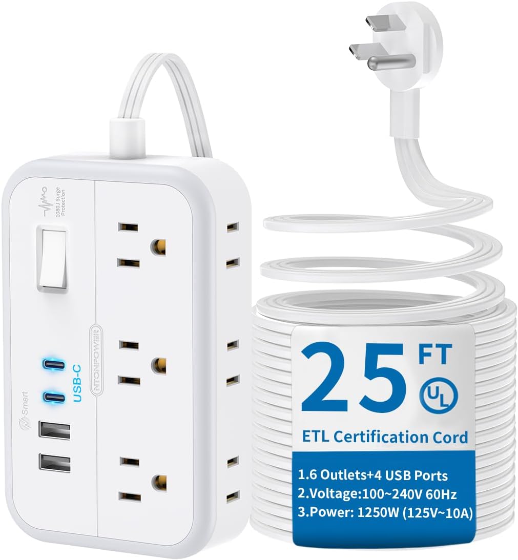 Flat Extension Cord 25 ft, NTONPOWER Surge Protector Power Strip with 6 Outlets...