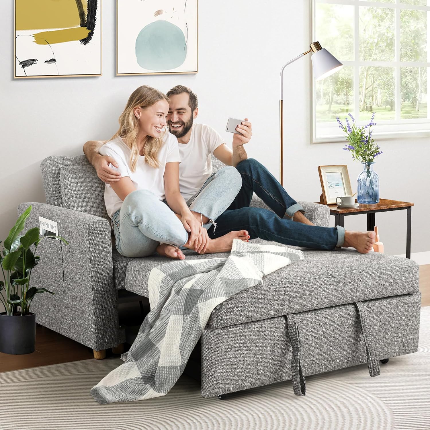 SEJOV Convertible Sofa Bed, 3-in-1 Sleeper Sofa Pull Out Couch Bed, 2-Seater Lin...