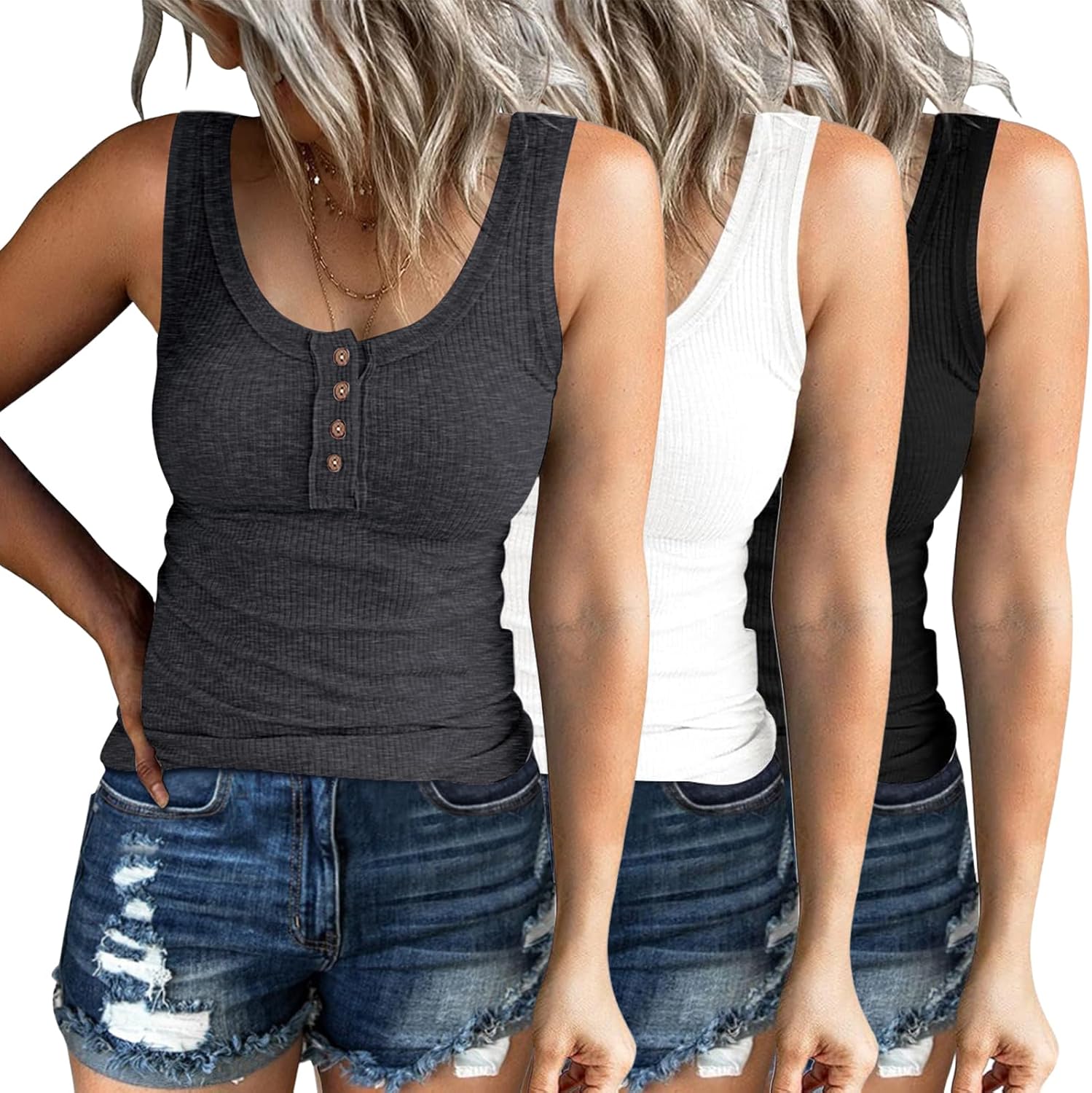 SUNBS 3 Pack Women Tank Tops Ribbed Summer Sexy Sleeveless Basic Cami Top Trendy...