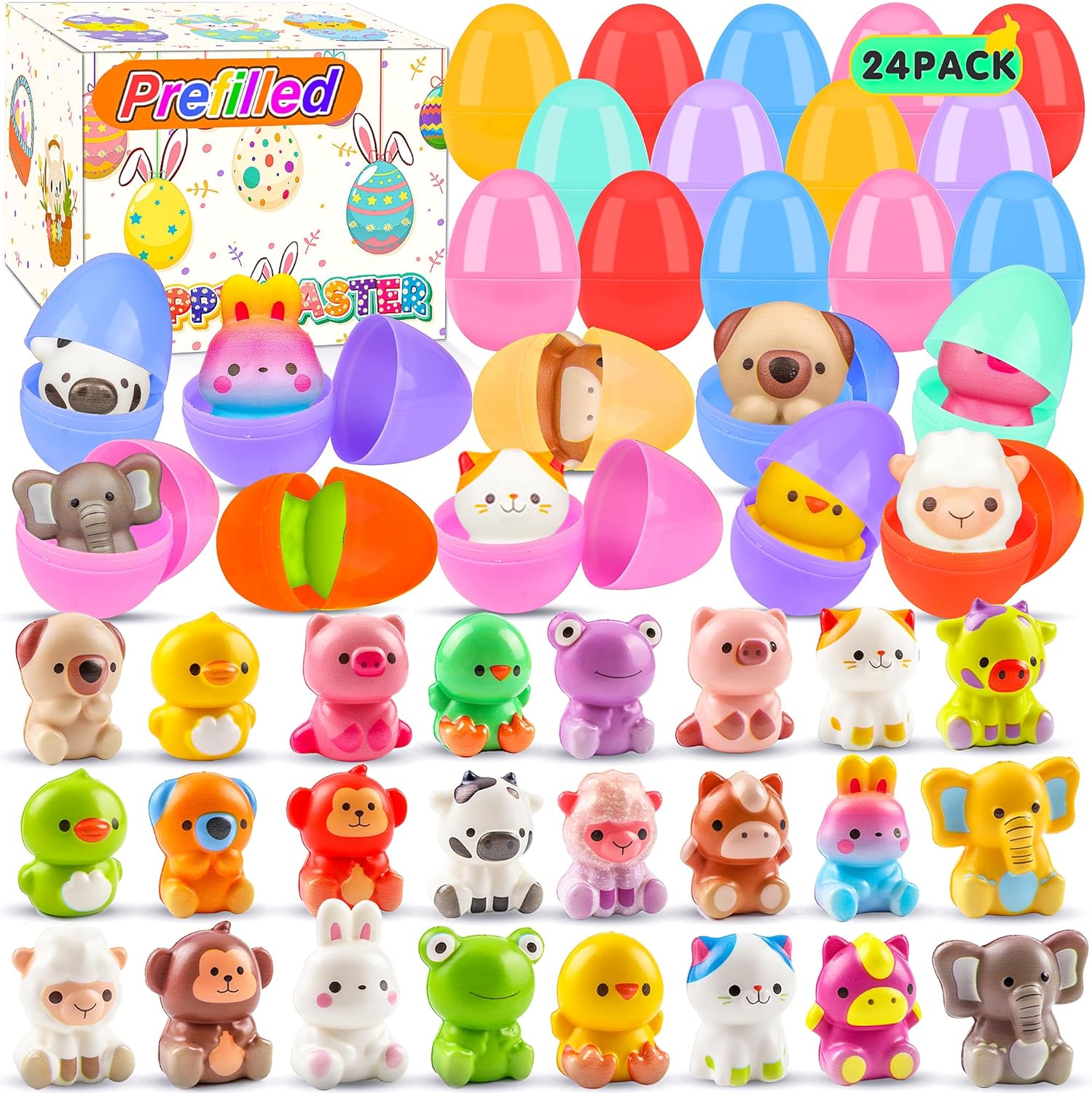 24 Pack Prefilled Easter Eggs with Animal Squishy Toys,Easter Eggs Filled for Eg...