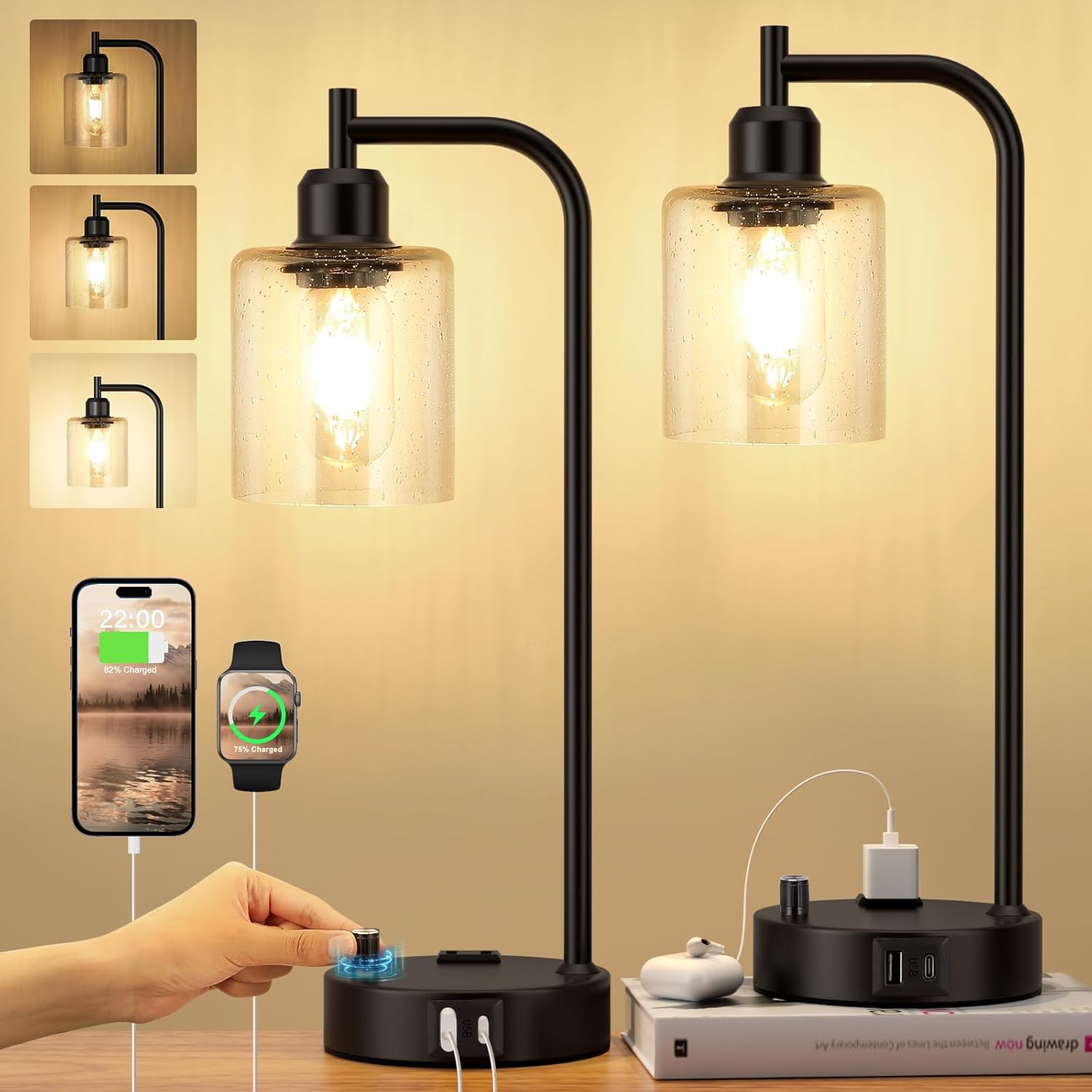 Industrial Table Lamps for Bedrooms Set of 2 - Fully Dimmable Bedside Lamps with...
