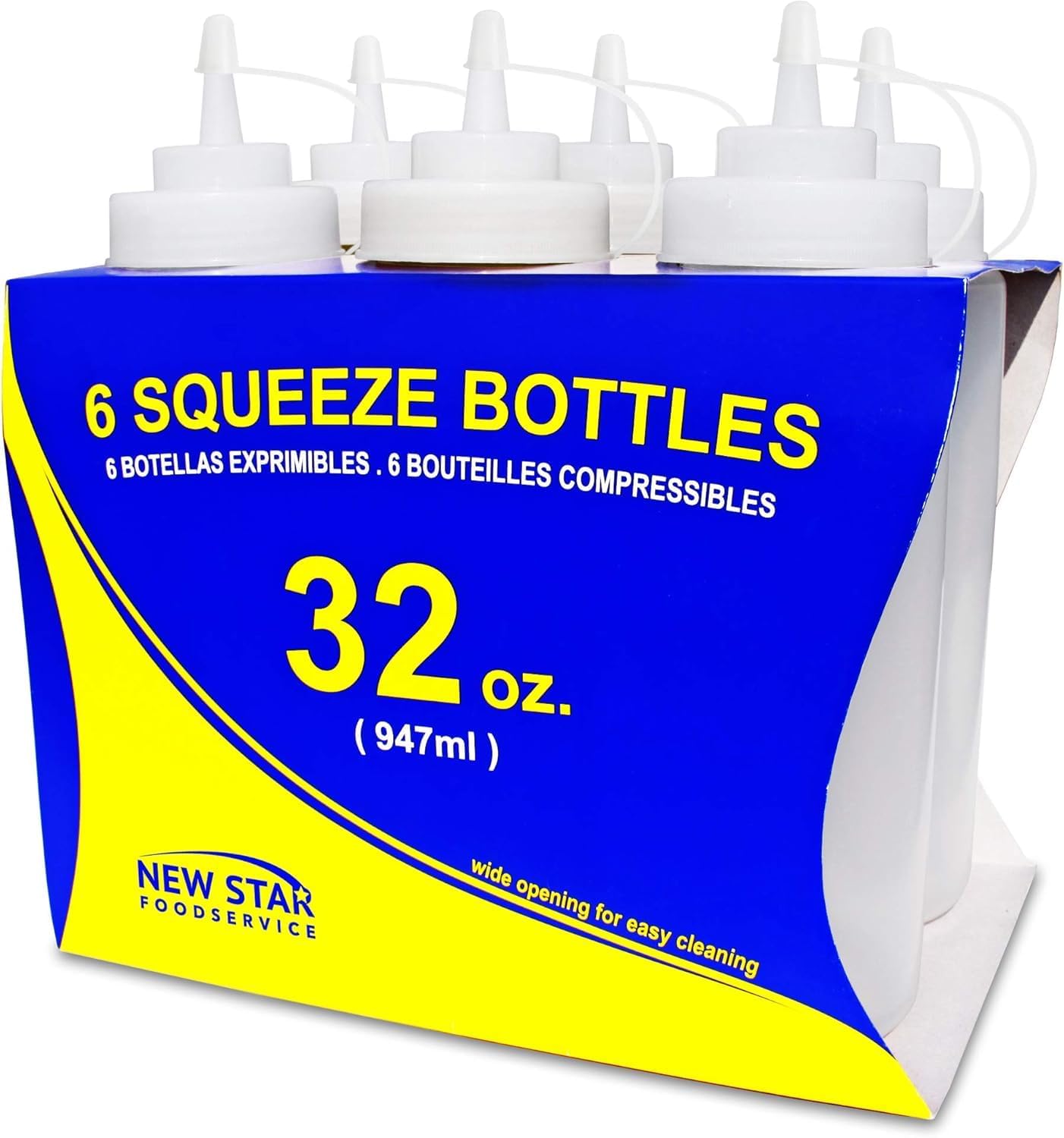 New Star Foodservice Squeeze Bottles, Plastic, Wide Mouth (Clear (Pack of 6), 32...