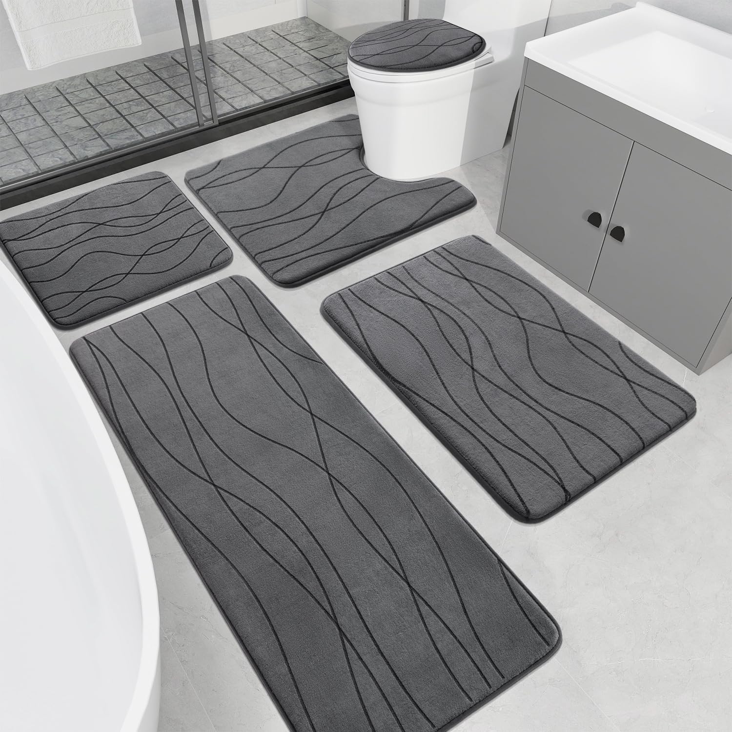 YIHOUSE Memory Foam Grey Bathroom Rug Sets 5 Piece, Ultra Absorbent Bath Mat for...