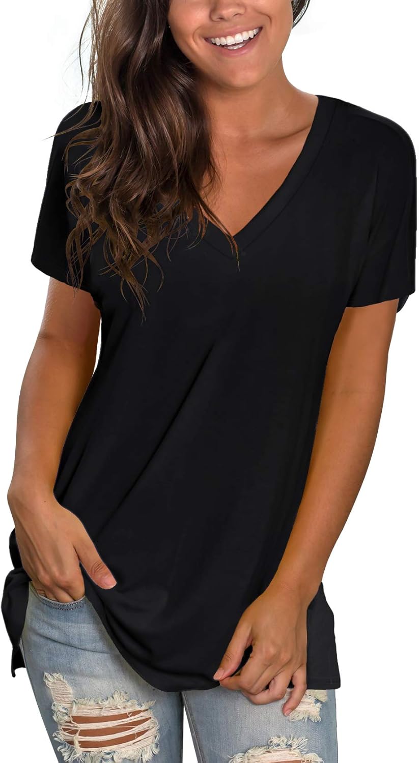 Sipaya Womens T Shirts Basic V Neck Tee Loose Fitting Casual Short Sleeve Tops B...