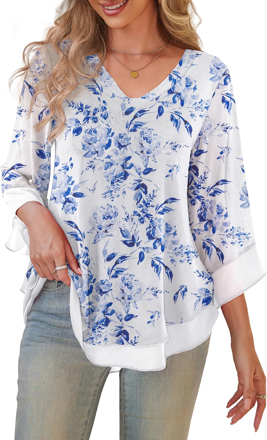 a.Jesdani Women's Plus Size Tops Dressy Blouse Double Layers Mesh Shirt Ruffle 3...