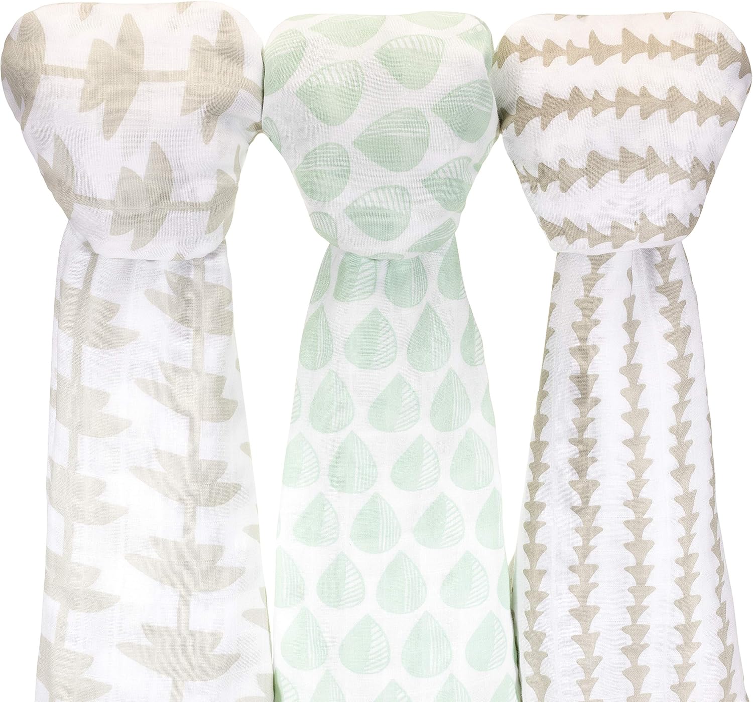Muslin Cotton Baby Swaddle Blankets, Large 3 Pack Green Brown Hand-Drawn Designs...