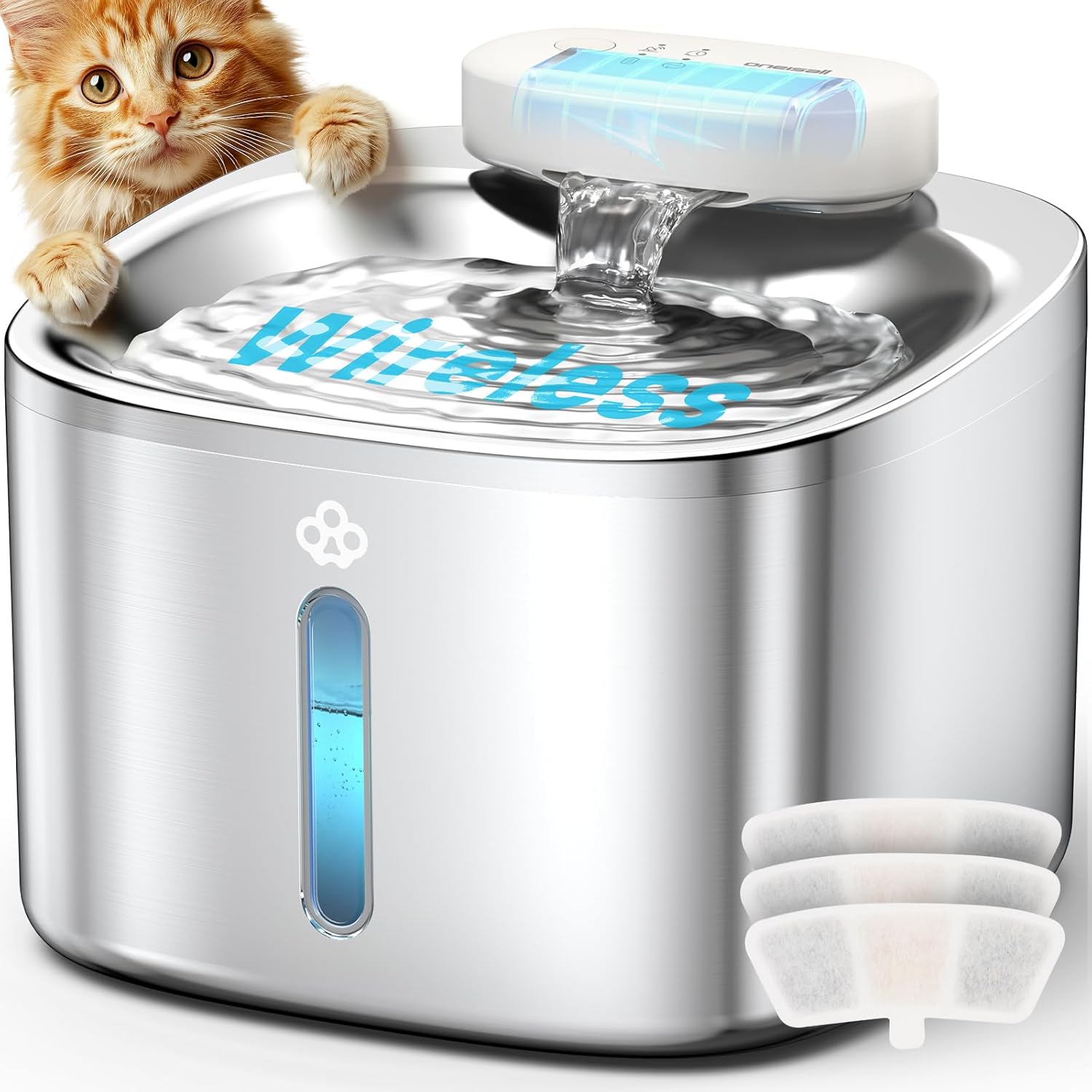 oneisall Wireless Cat Water Fountain, 3.5L/118oz Battery Operated Pet Fountain S...