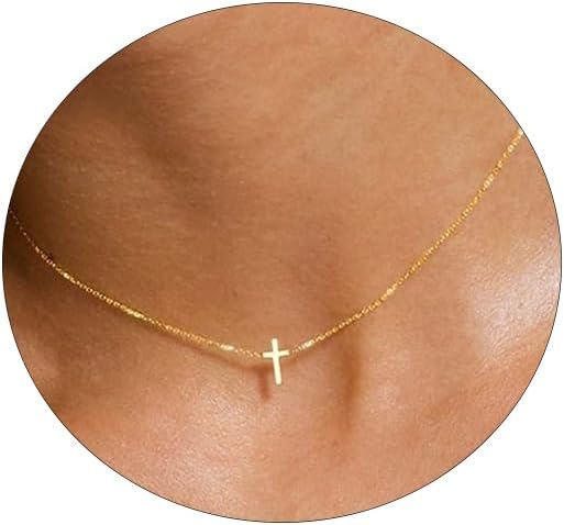 Cross Necklace for Women 14K Gold Silver Plated Sideways Cross Necklace Set Dain...