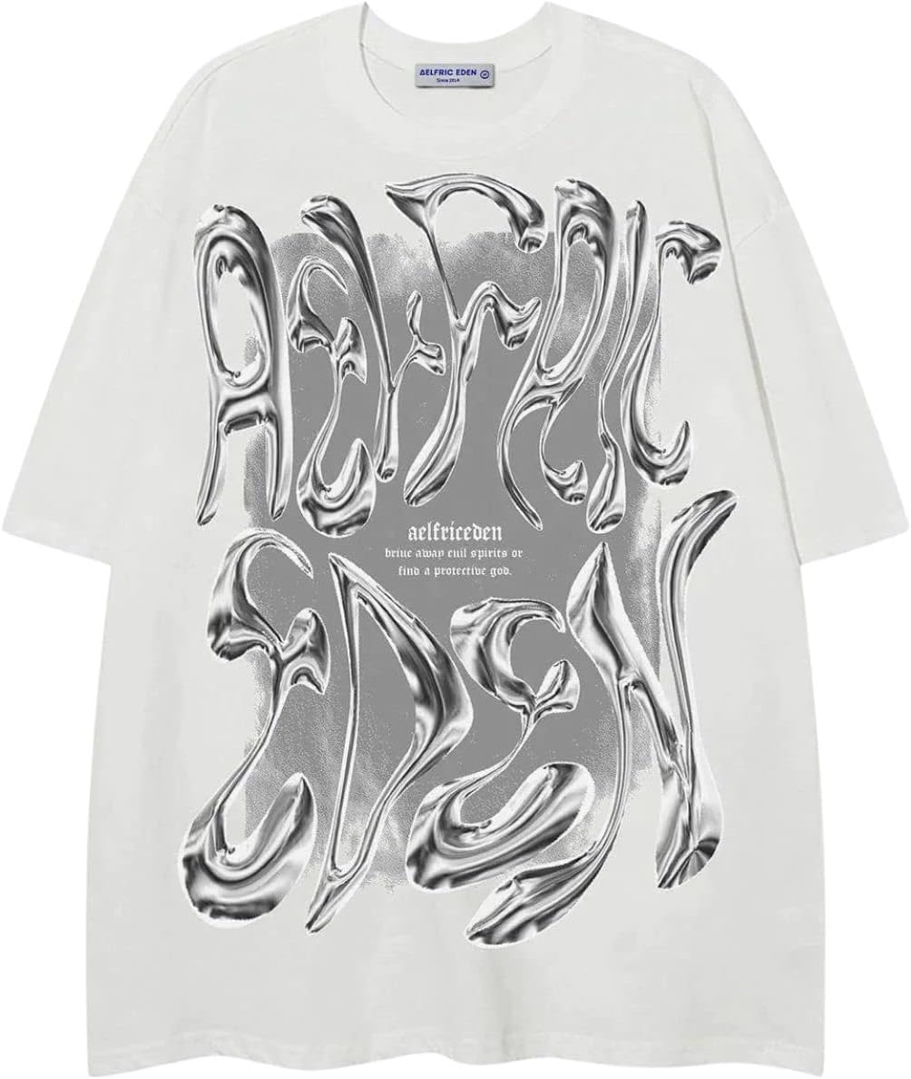Aelfric Eden Metalic Graphic Tees Men Y2k Oversized T Shirts Women Vintage Tees...