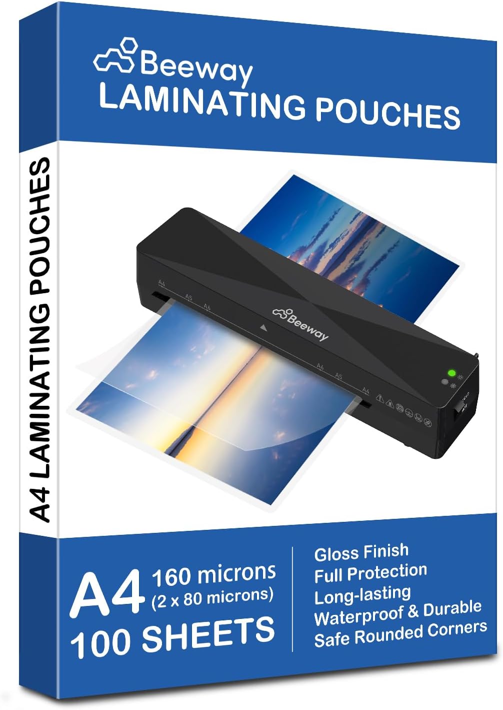 BEEWAY A4 Laminating Pouches - 100 Sheets, 160 Micron (2 x 80 Micron), Glossy Fi...