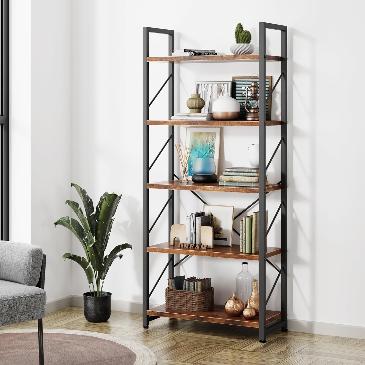 Shintenchi Bookshelf, 5 Tier Bookshelf, Tall Bookc...