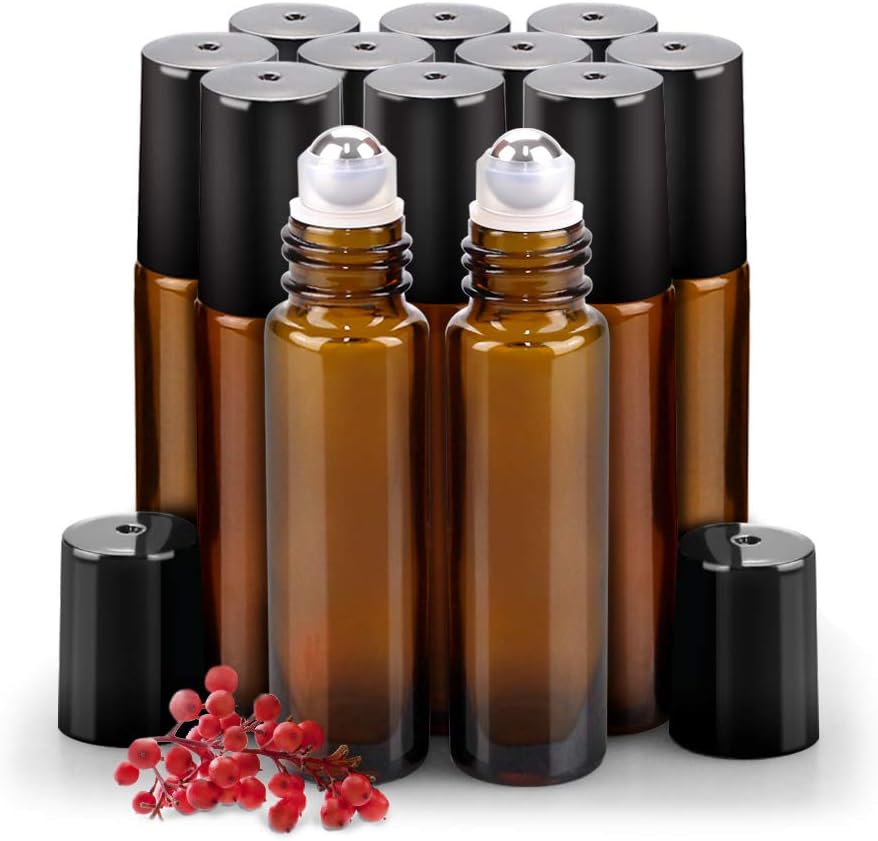 sungwoo 12 Pack Essential Oil Roller Bottles Stainless Steel, 10ml Amber Glass R...