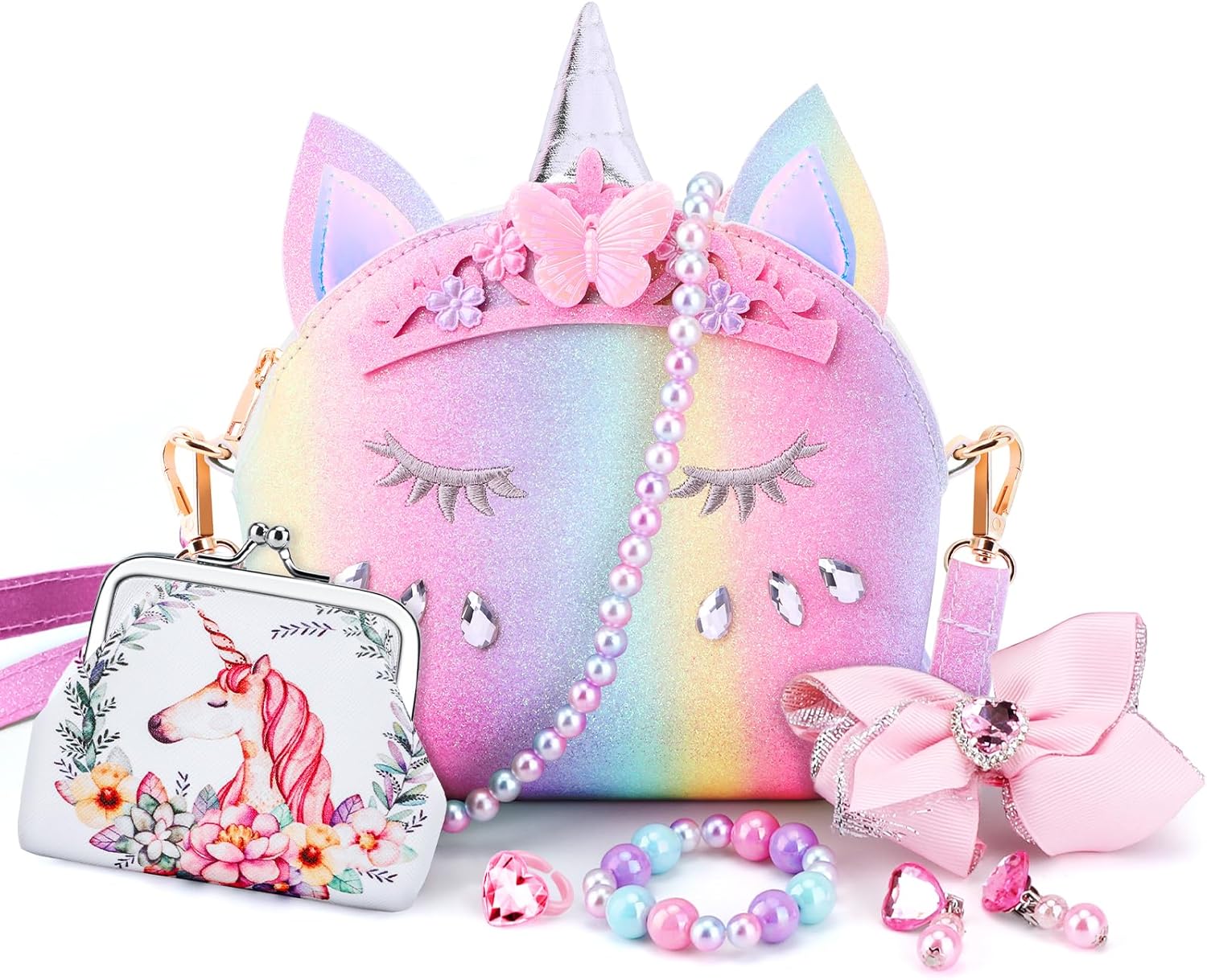 JYPS Unicorn Purse for Little Girls, 7Pcs Cute Kids Purse Crossbody Bags with Ki...