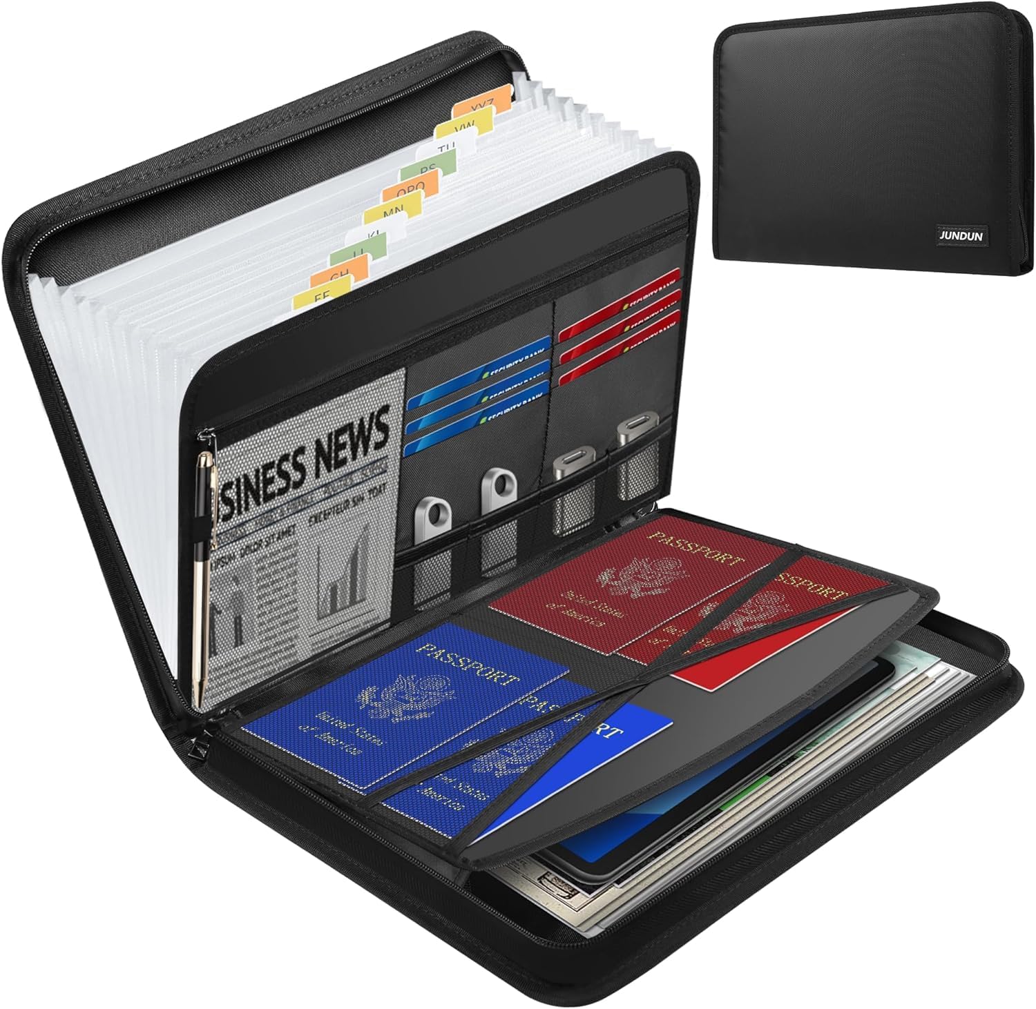 JUNDUN Fireproof Document Organiser - 13 Pockets Expanding File Folder with Zipp...