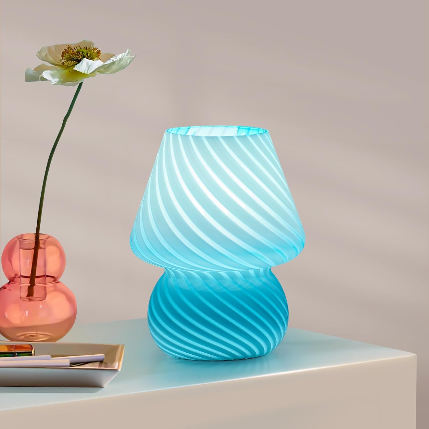 ONEWISH Mushroom Lamp - Small Table Lamp with Striped Glass, Nightstand Lamp for...