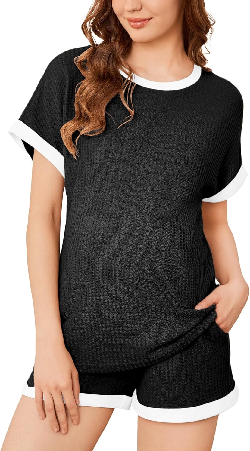 Ekouaer Women's Waffle Knit Maternity Pajamas 2 Piece Outfits Short Sleeve Tops...