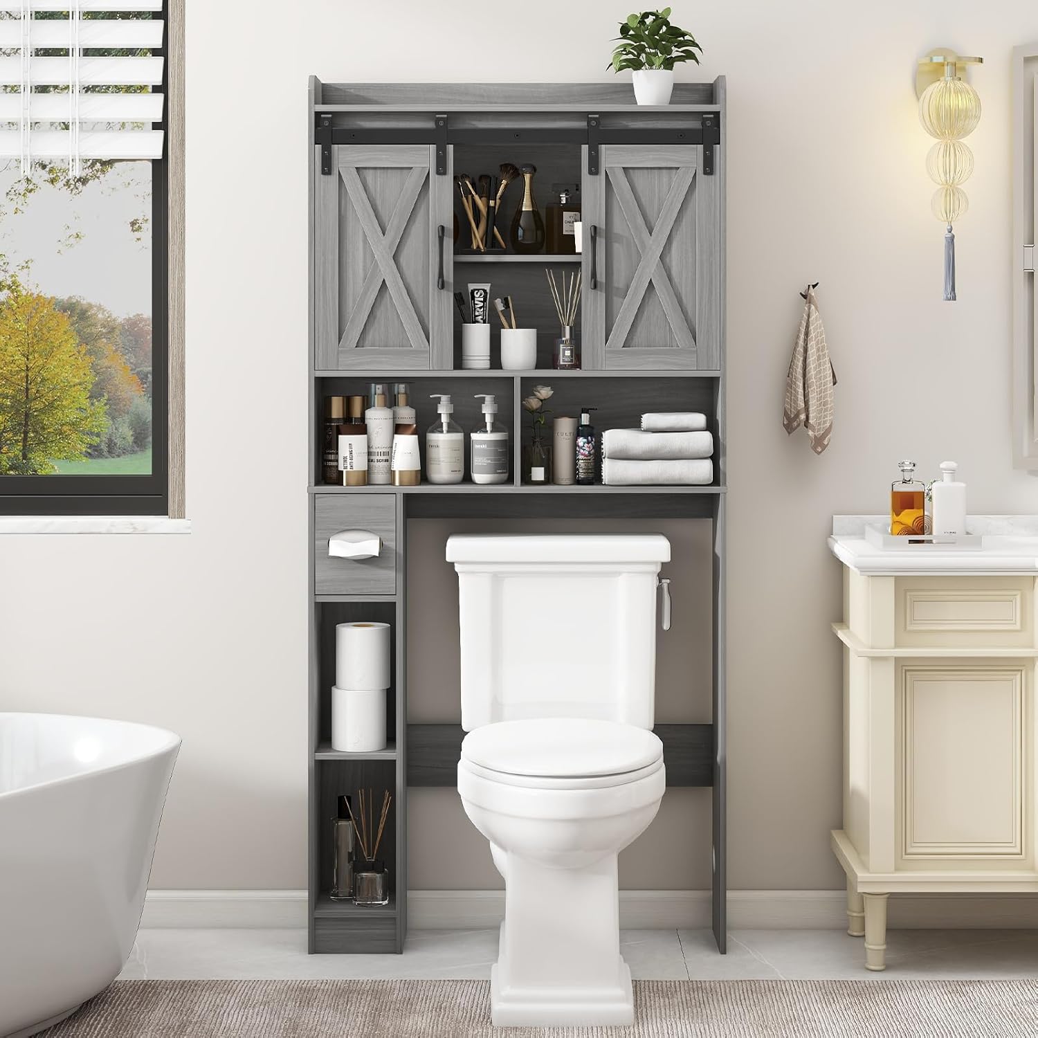 Farmhouse Over The Toilet Storage Cabinet with Sliding Door & Toilet Paper Holde...
