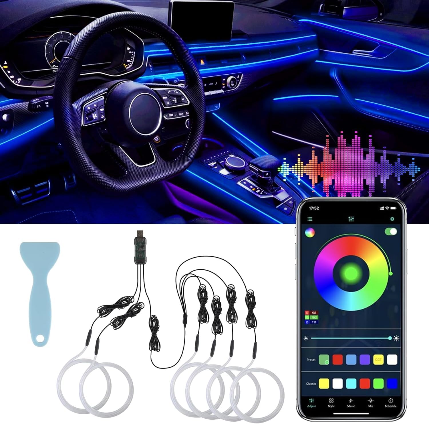 LivTee Smart LED Car Lights Interior with USB Port, LED Strip Fiber Optic Ambien...