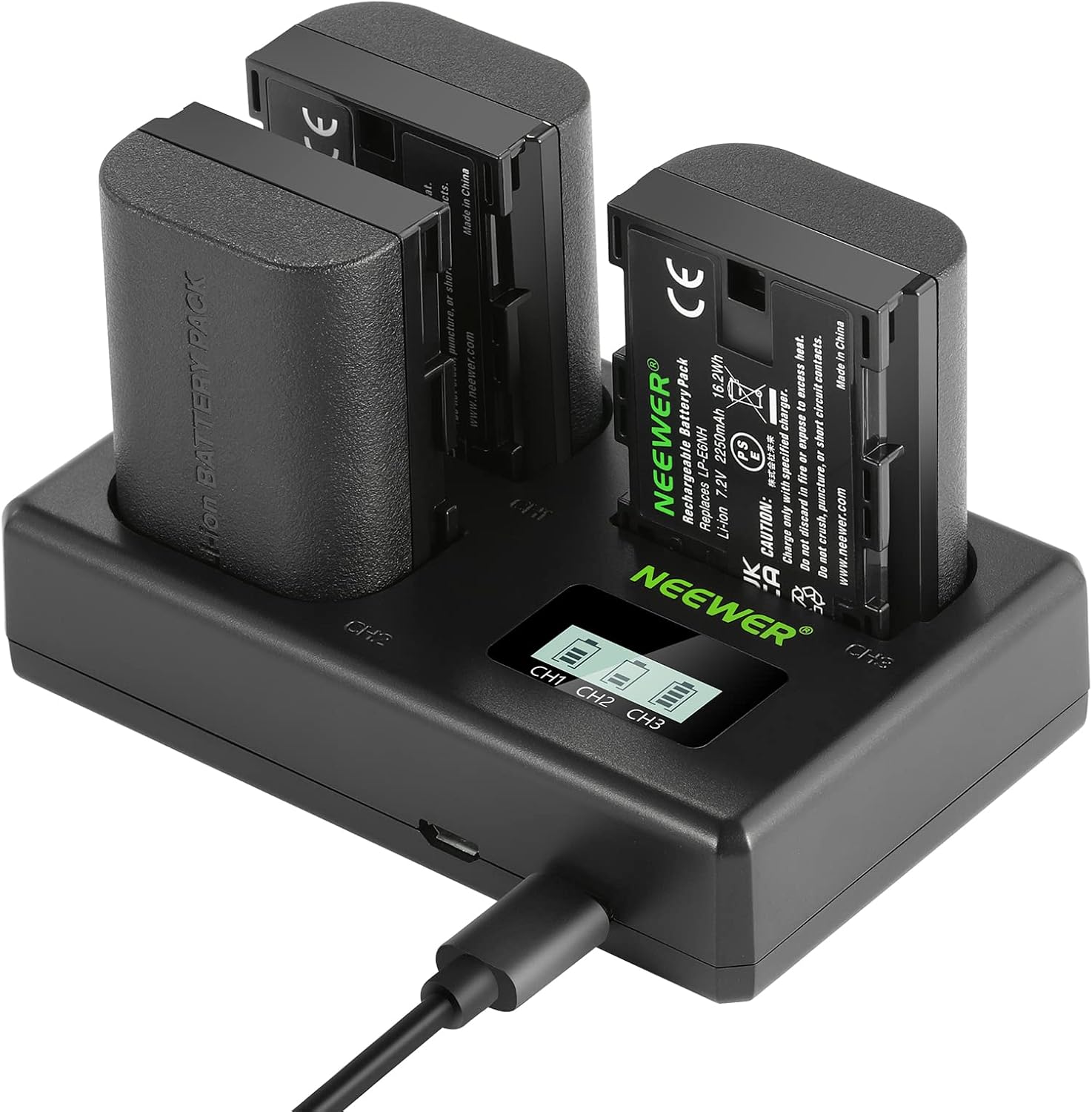 NEEWER LP-E6NH Replacement Battery and USB Charger Set, Pack of 3, 2250 mAh Repl...