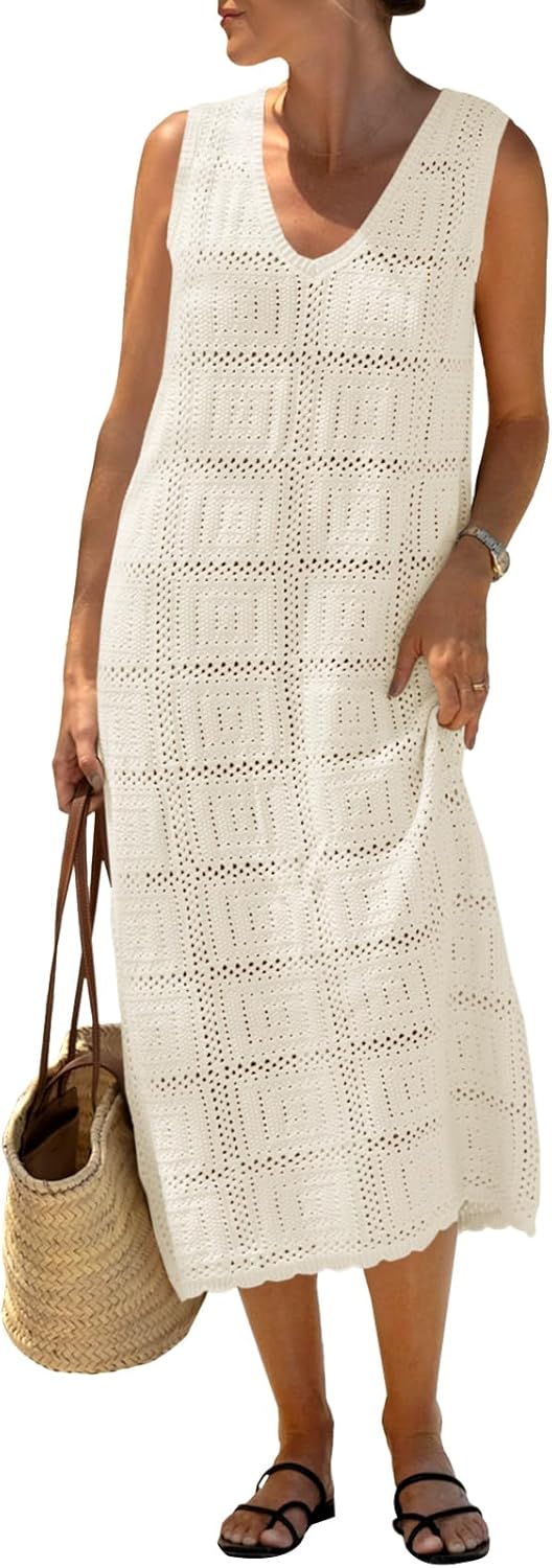 Fisoew Womens Crochet Sleeveless Dress Casual Summer V Neck Boho Knit Cover Up B...