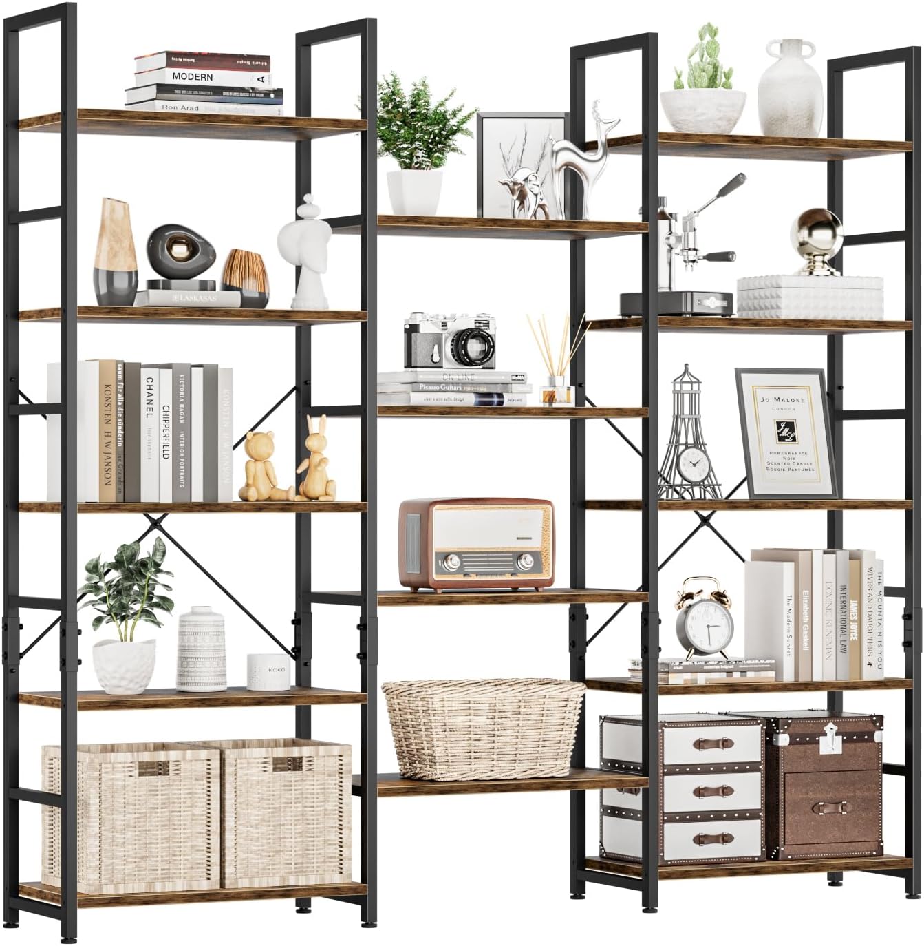 NUMENN Triple Wide 5 Tier Bookshelf, Rustic Industrial Style Bookcases with 14 O...