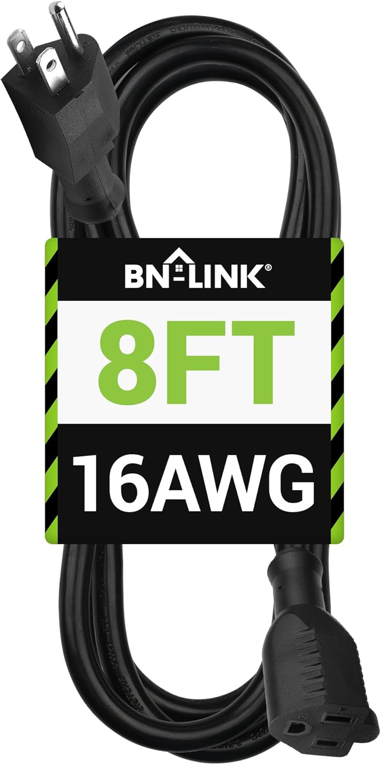 BN-LINK 8 ft Indoor/Outdoor Extension Cord 16/3 SJTW, Black, Water & Weather Res...