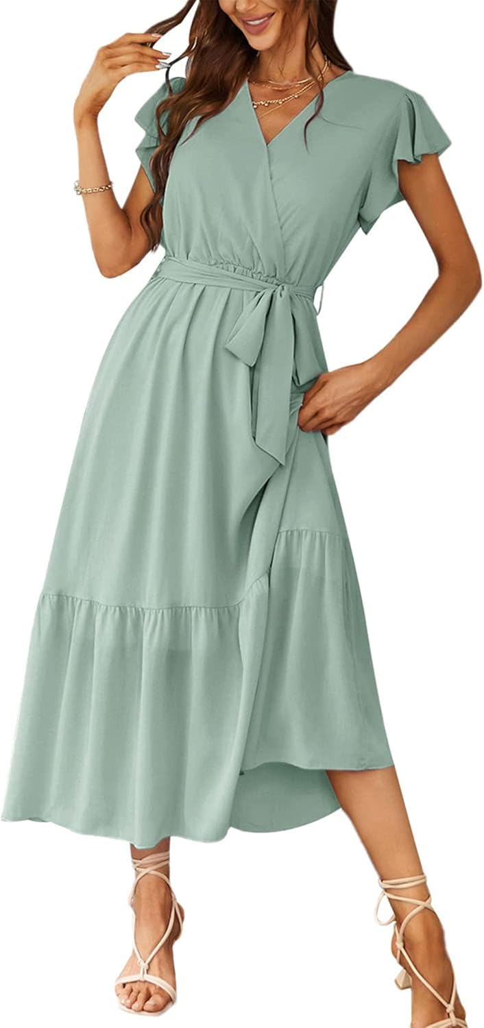 PRETTYGARDEN Women's Summer Floral Boho Dress Wrap V Neck Short Sleeve Ruffle A-...