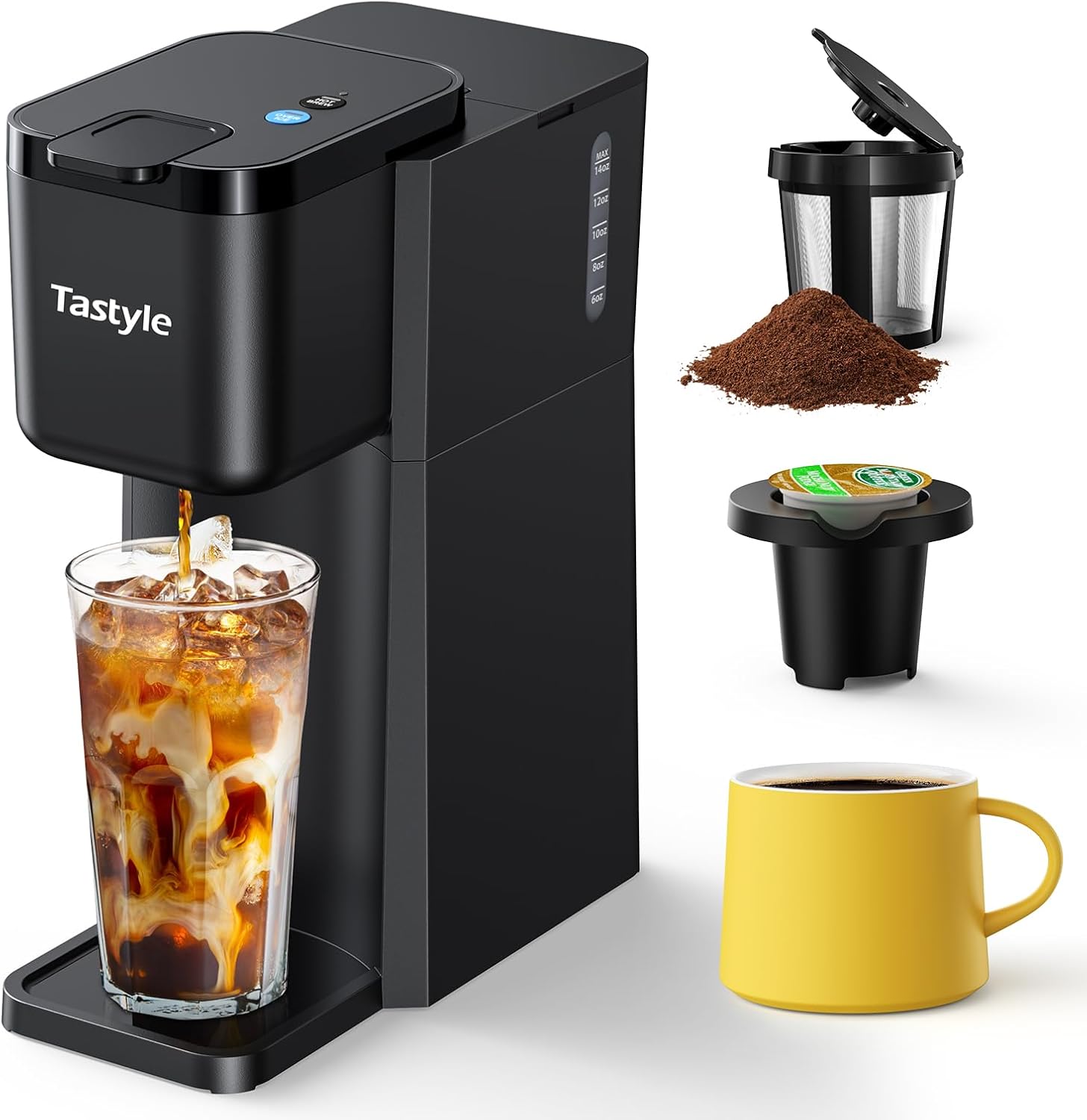 Mini Hot and Iced Coffee Maker Single Serve, for K Cup and Ground, 6 to 14 Oz Br...