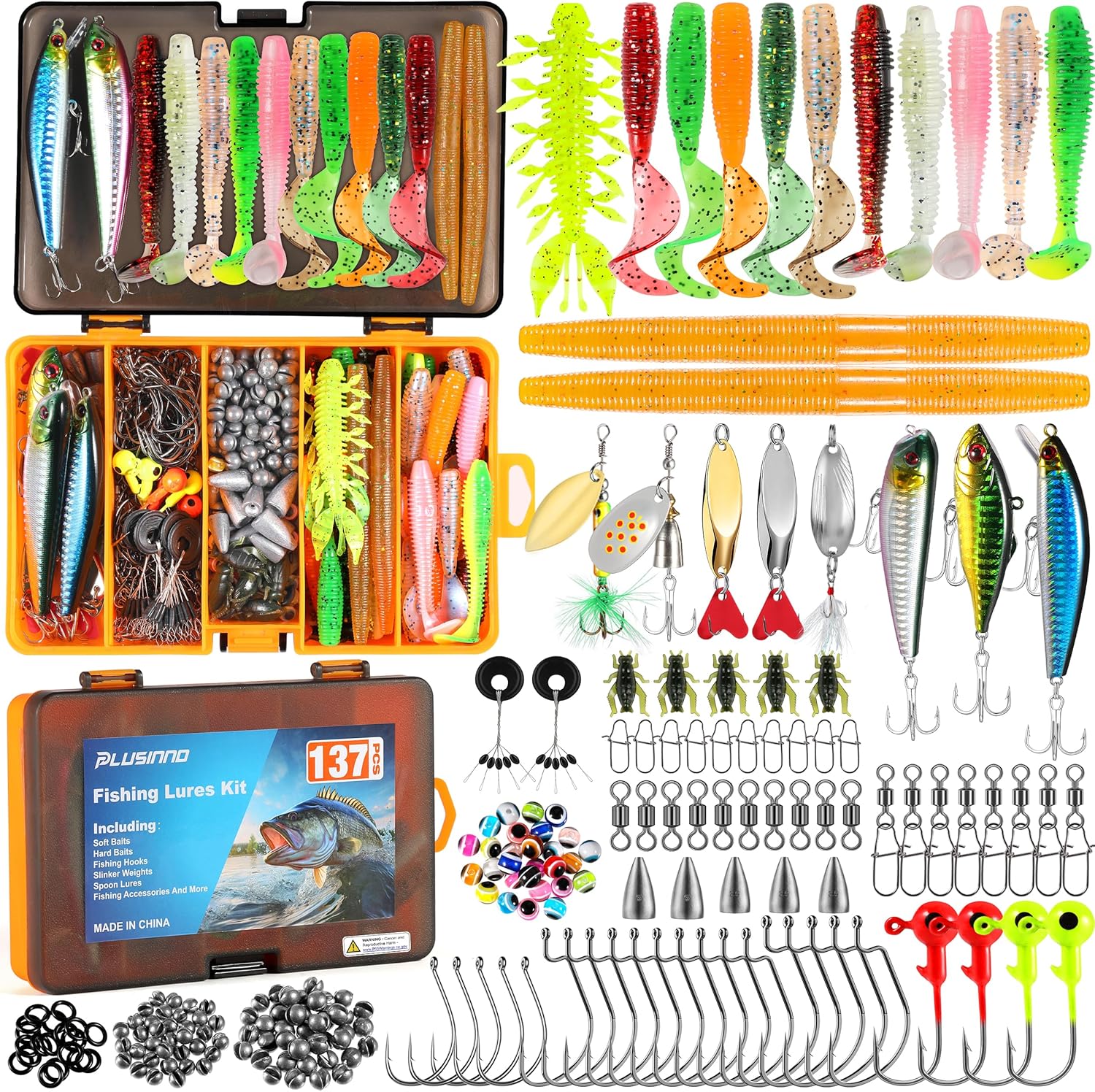 PLUSINNO Fishing Lures, 137Pcs Tackle Box with Tackle Included, Crankbaits, Spoo...