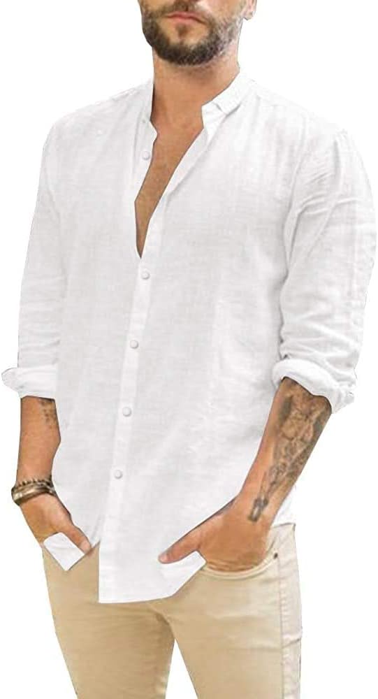 Mens Casual Long Sleeve Cotton Linen Shirts Buttons Down Solid Plain Roll-Up Sle...