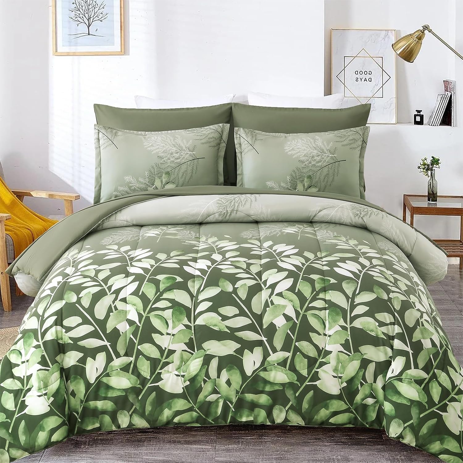 Olive Green Floral Comforter Set King Size Botanical Leaves Comforter Set 7 Piec...