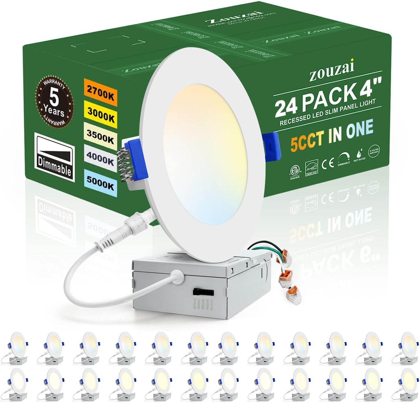 zouzai 24 Pack 4 Inch Ultra-Thin LED Recessed Ceiling Light with Junction Box 5C...
