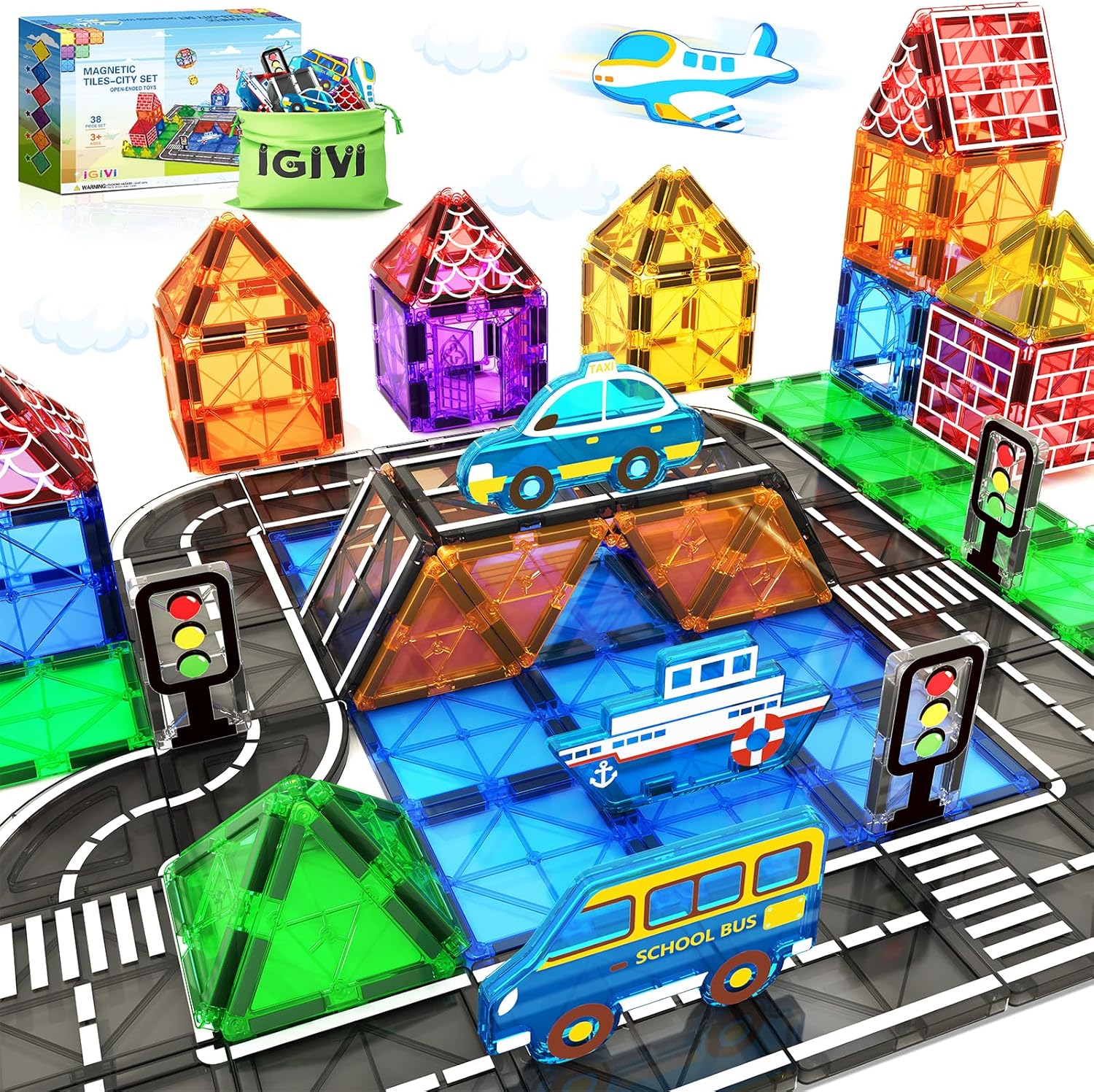 Magnetic Tiles Road Set with Magnet Car, Magnetic Building Blocks for Toddlers,...