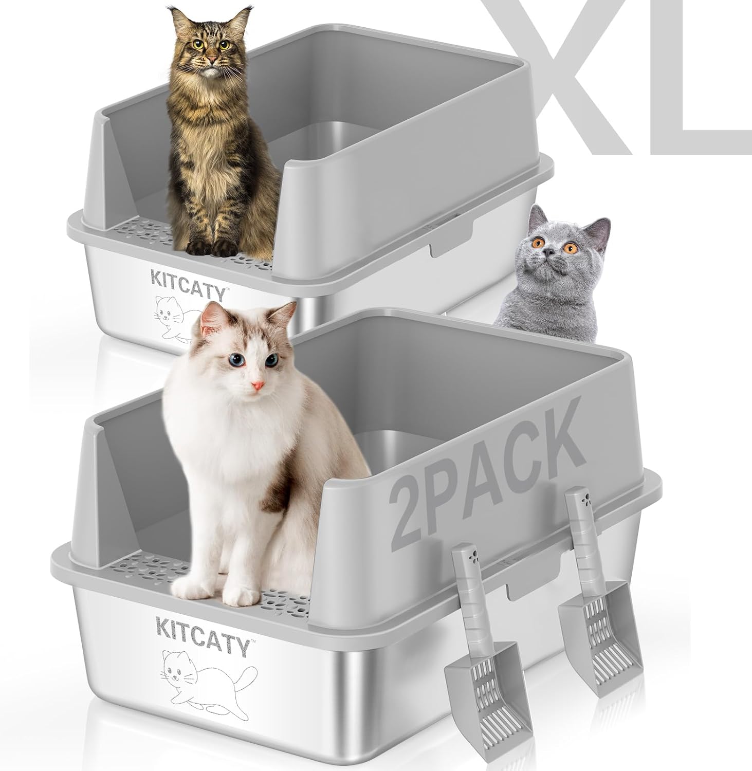 2PACK Stainless Steel Litter Box, Metal Litter Boxs with Lid High Sides, XL Extr...