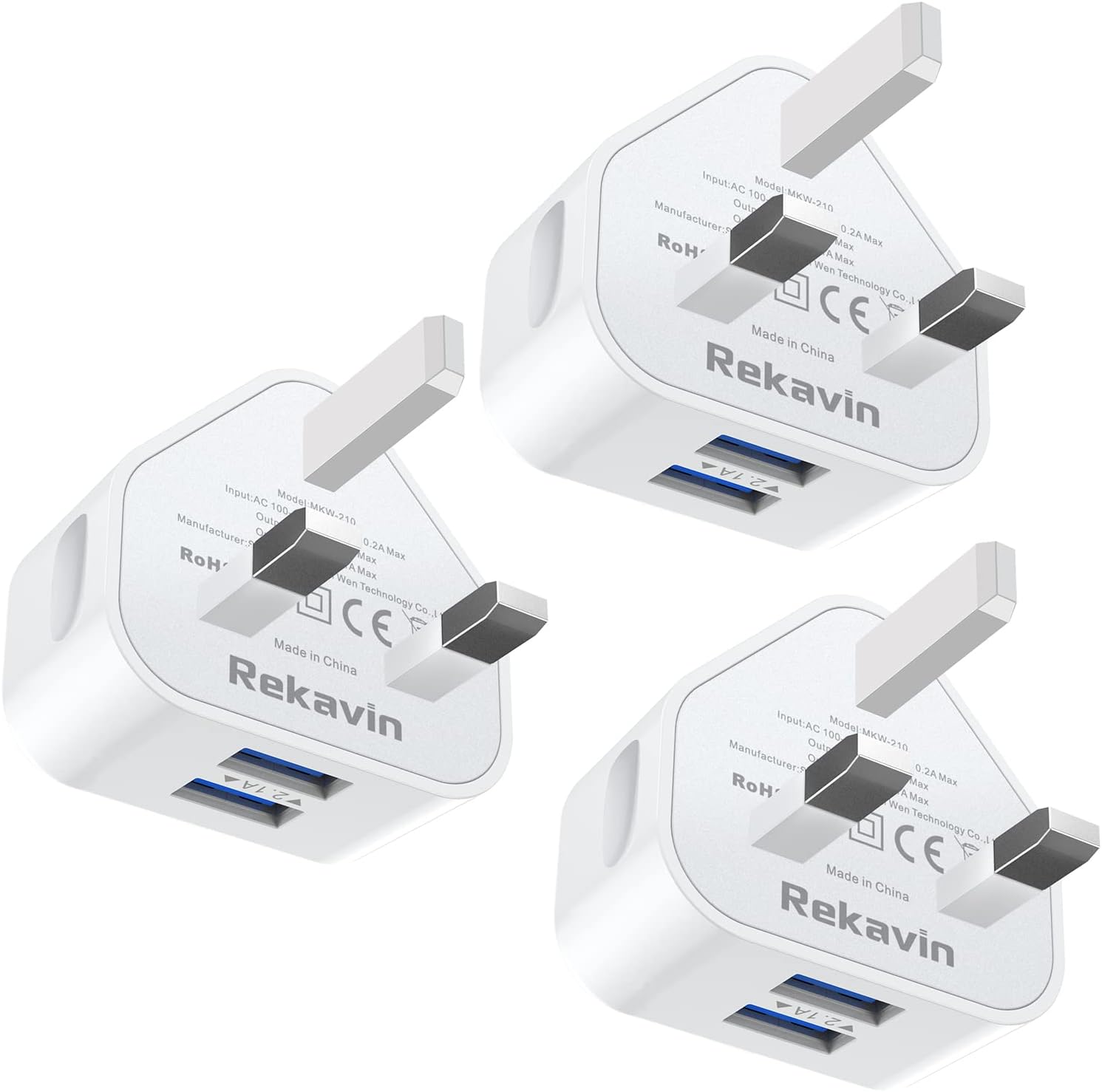 3 Pack USB Plug UK Mains Charger,Rekavin Dual USB Plug Adaptor UK 5V/2.1A Triple...