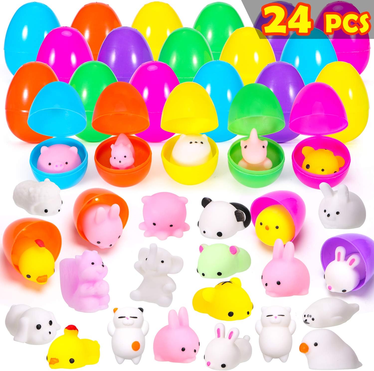 24 Pcs Mochi Squishy Toys Filled Easter Eggs, Mini Soft Animal Squishy Stress Re...