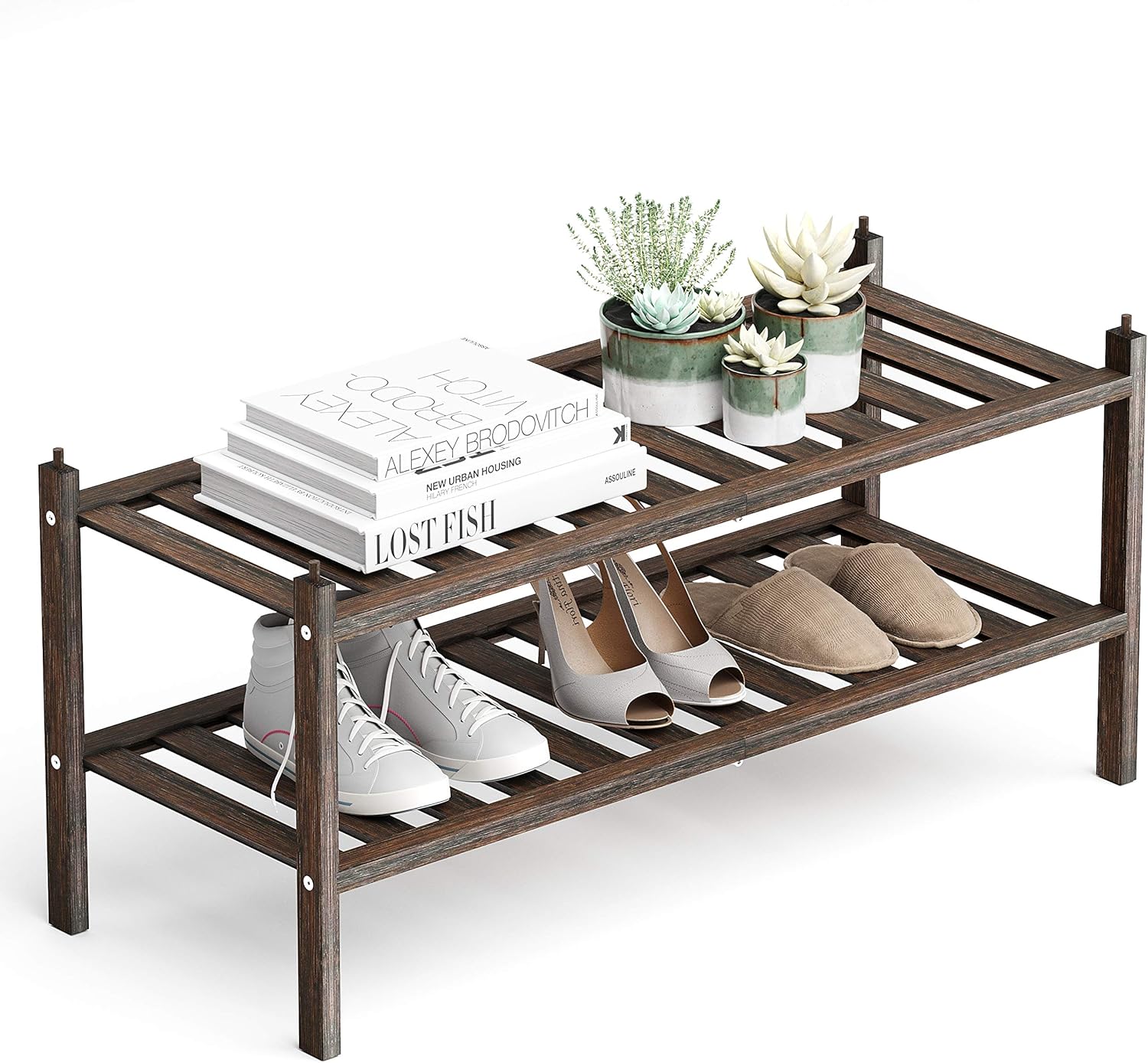 Shoe Rack,2-Tier Bamboo Stackable Shelf Storage Organizer for Entryway, Hallway...